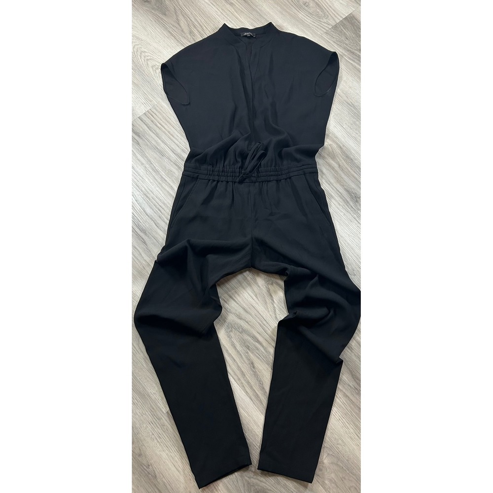 Babaton Black Short Sleeve Drawstring Waist‎ Jumpsuit Size S Split Neck Pocket